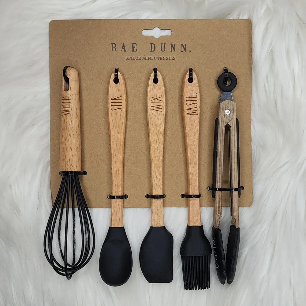 Rae Dunn 5 Piece Mini Kitchen Utensils Set Wood Black Silicone